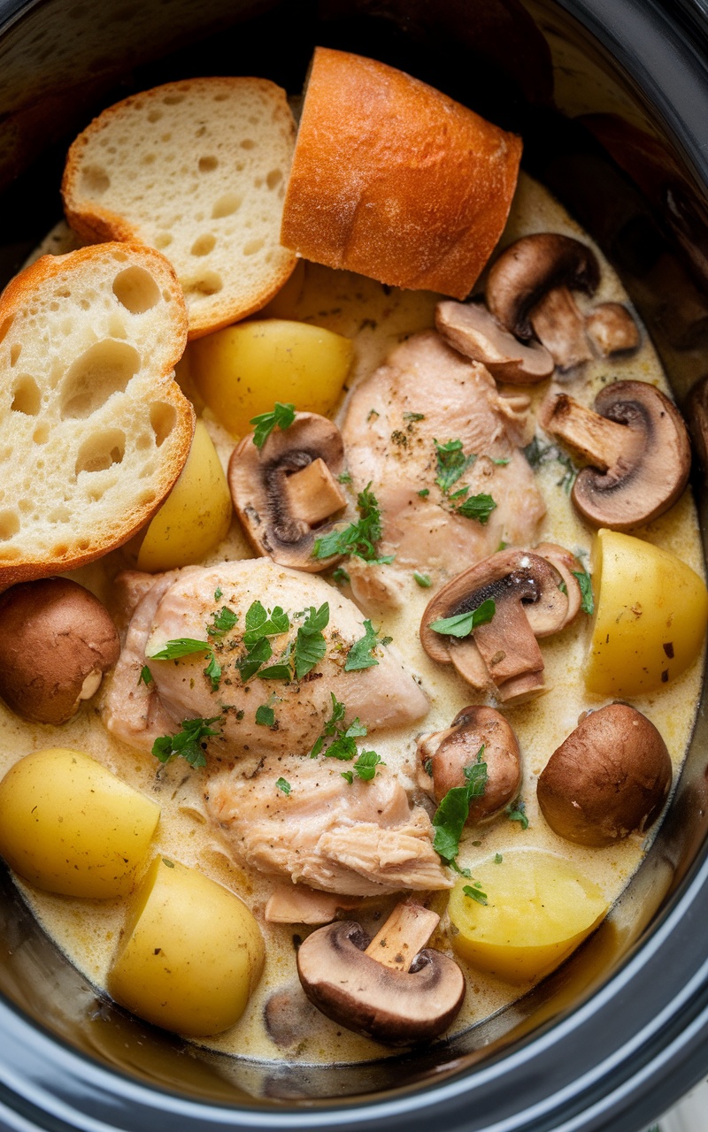 A comforting chicken mushroom potatoes dish in a bowl, garnished with parsley and served with bread.